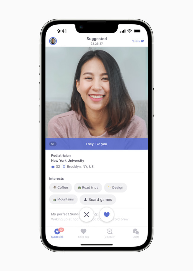 マッチングアプリCoffee Meets Bagelに、1人のユーザーのプロフィールが表示されているところ。