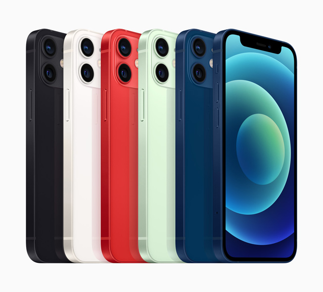 Six models of iPhone 12 mini show off available colors, the dual-camera system, and the edge-to-edge Super Retina XDR display. 