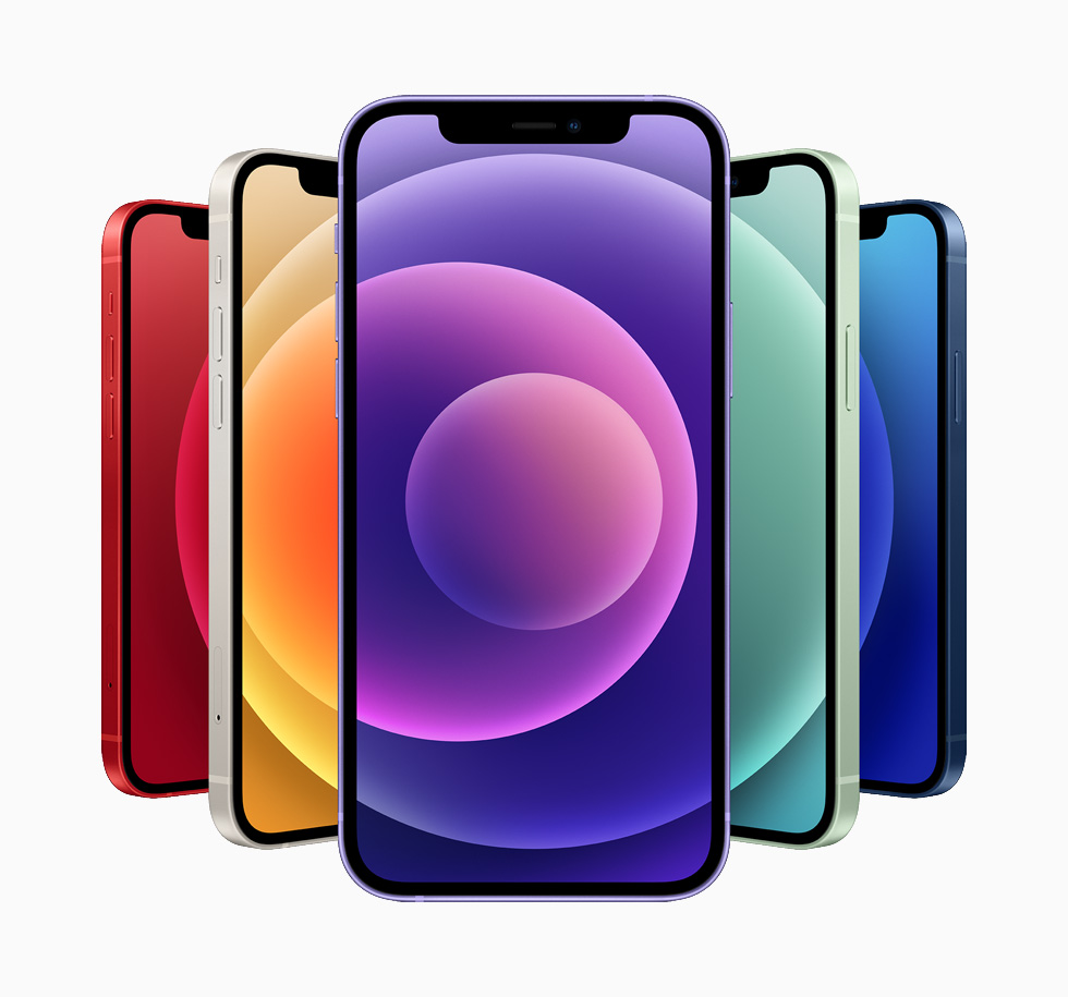 El iPhone?12 y el iPhone?12 mini en azul, verde, blanco, (PRODUCT)RED y morado.