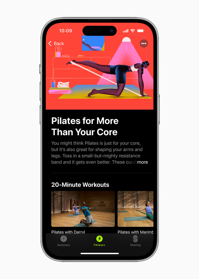 B? S?u T?p m?i nh?t c?a Apple Fitness+, T?p Pilates Cho C? C? Th?, trên iPhone 14 Pro.