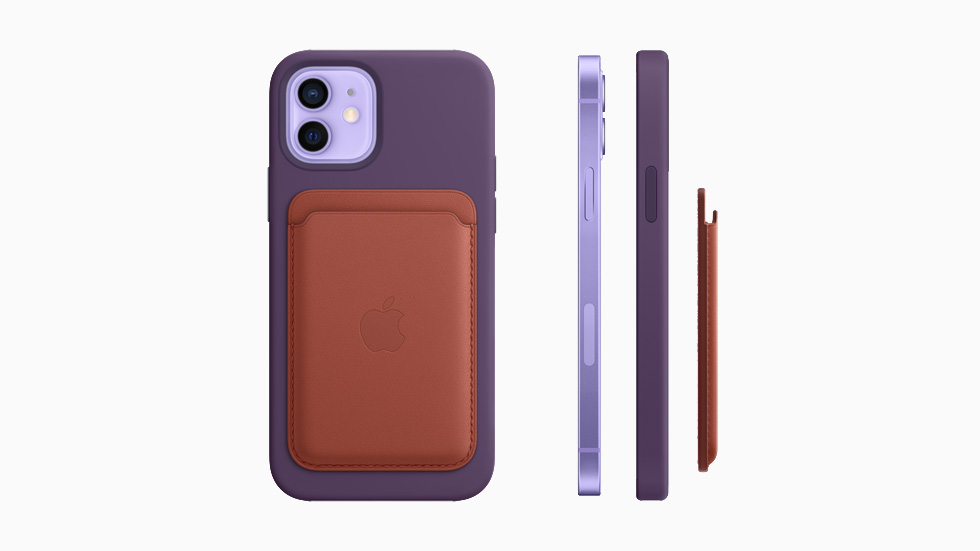 Mor iPhone 12’de Silikon K?l?f’?n arkas?na tak?l? MagSafe ?zellikli Deri Cüzdan.