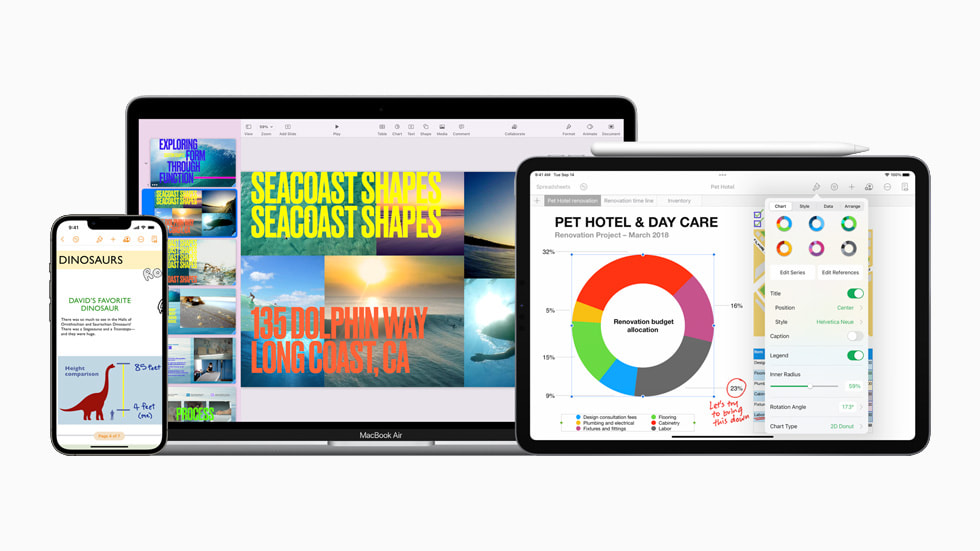 iPhone 13 ekran?nda yeni Pages; MacBook Air ekran?nda Keynote; iPad ekran?nda Numbers. 