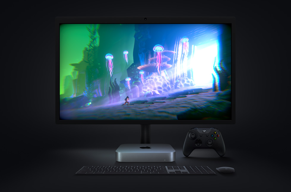 Mac mini’de ?al??t?r?lan “Little Orpheus” adl? video oyunu, yak?ndaki kablosuz klavye, fare ve Xbox kontrol birimiyle birlikte bir monit?rde g?rüntüleniyor.