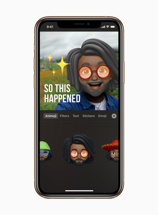 iPhone 11 Pro’daki Clips uygulamas?nda bir erkek Memoji karakteri.