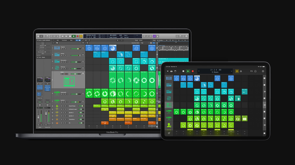 MacBook Pro ve iPad Pro’da g?rüntülenen Logic Pro X 10.5 sürümü.
