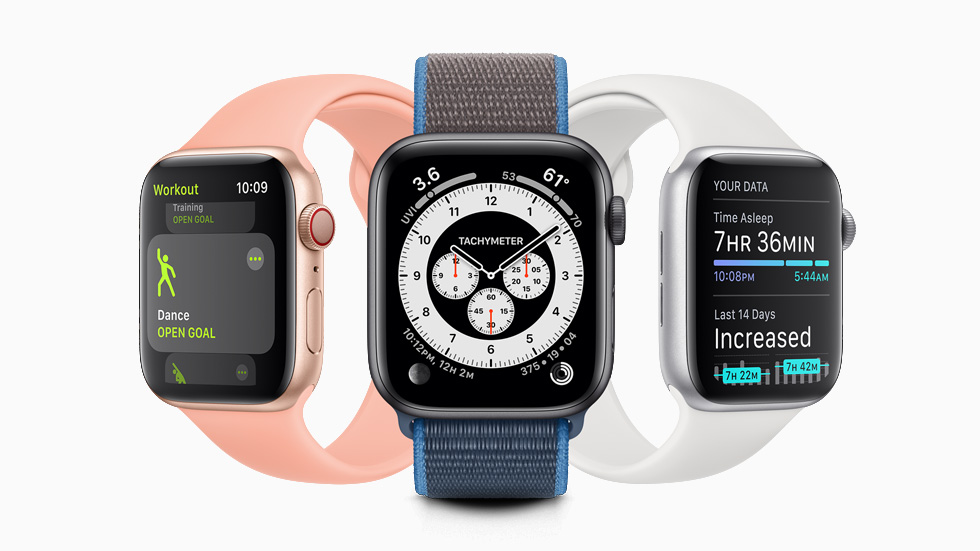 Farkl? Apple Watch Series 5’lerde Dans antrenman?, Cronograph Pro saat kadran? ve uyku izleme ?zelli?i g?steriliyor.