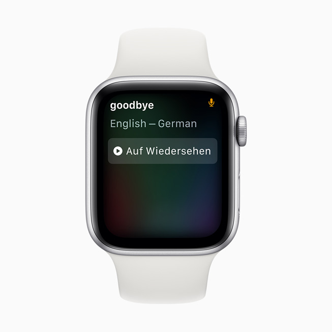 Apple Watch Series 5’te Siri ile “goodbye” (ho??a kal) ifadesinin ?ngilizceden Almancaya ?evirisi g?steriliyor.