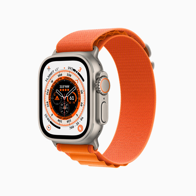 Apple Watch Ultra v?i Day Qu?n Alpine màu cam.