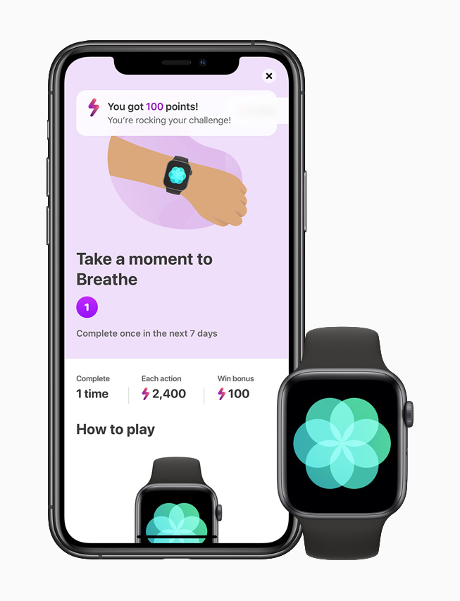 Apple Watch Series 6’daki Aktivite uygulamas?yla e?le?tirilmi? iPhone 11 Pro’da Nefes uygulamas? g?rüntüleniyor.