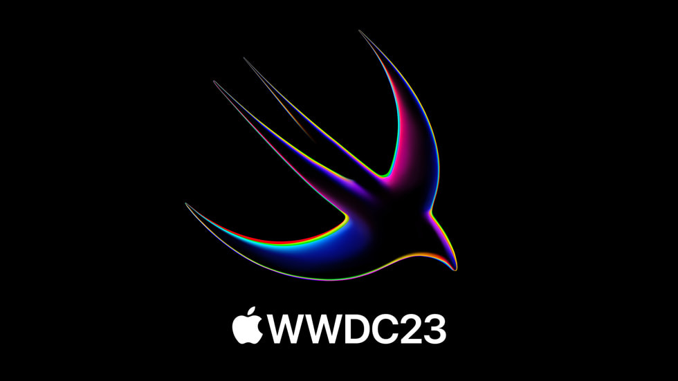 Siyah arka plan üzerinde Swift logosu ve alt?nda WWDC23 logosu g?steriliyor.
