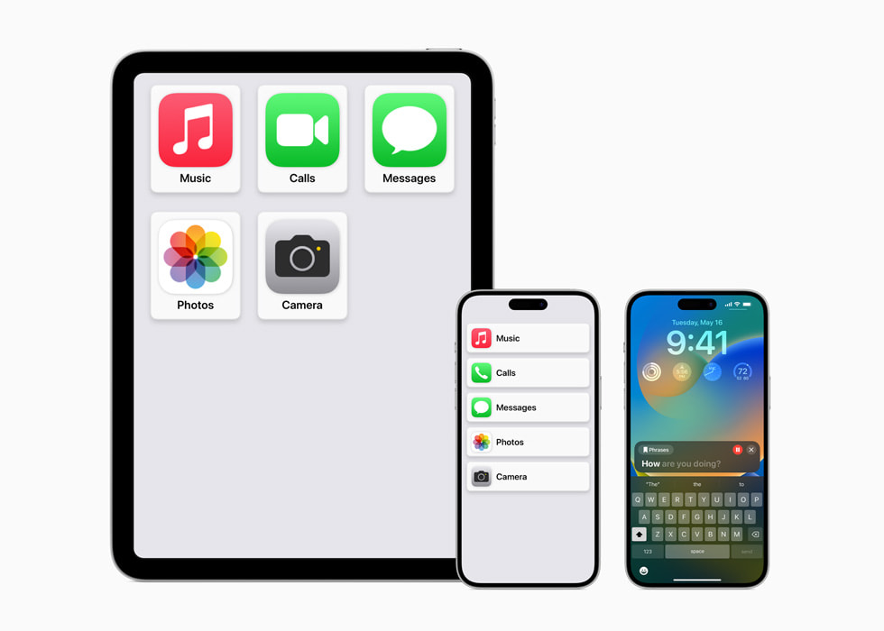 iPad ve iPhone’da Assistive Access Ana Ekran yerle?imleri ve yan?nda Live Speech kayd? yap?lan bir iPhone.