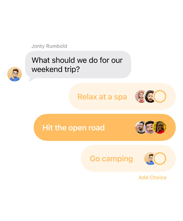 Close-up of new polls feature in Messages with people in the group chat voting for where to take a weekend trip