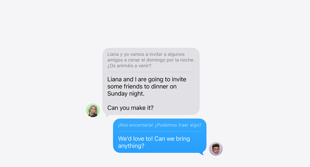Live Translation in Messages, showing an example of automatic translation between Spanish and English
