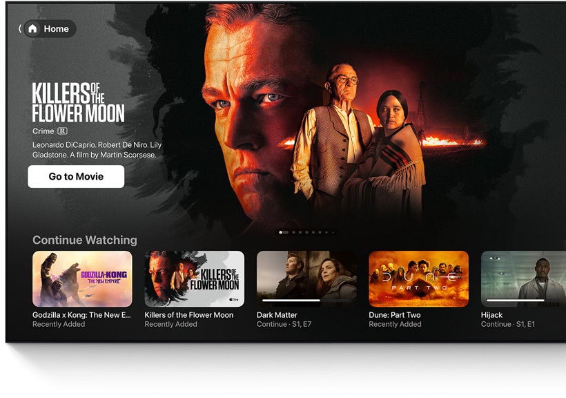 Telewizor p?askoekranowy, na którym widoczny jest interfejs u?ytkownika ekranu g?ównego apki Apple TV