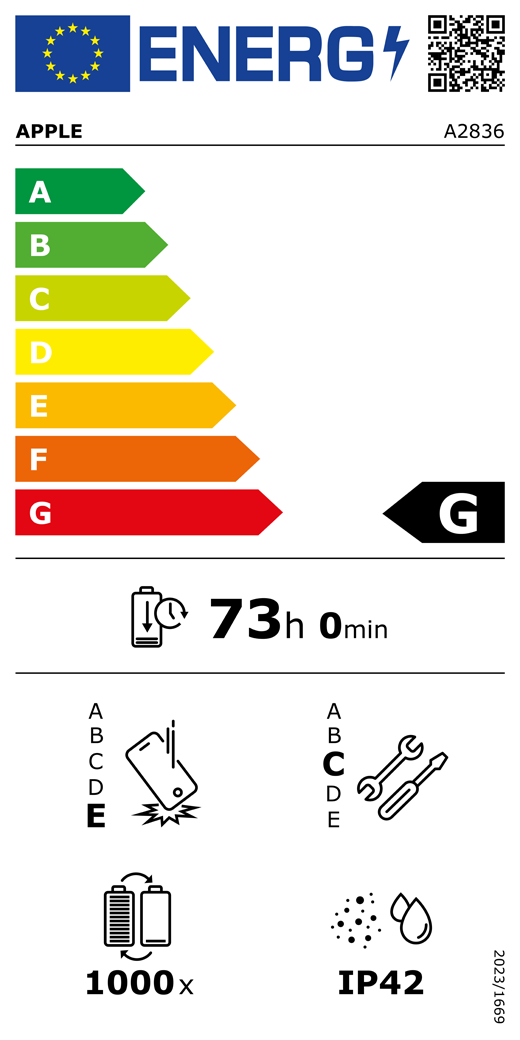 Etykieta energetyczna?UE, kod?QR i?informacje, model Apple A2836, klasa?G, klasy efektywno?ci energetycznej (w?skali od?A do?G), od?A (najwy?sza efektywno??) do?G (najni?sza efektywno??), trwa?o?? baterii na cykl, 73?godziny i?0?minut na pe?ne na?adowanie baterii, wytrzyma?o?? na spadki swobodne wielokrotne klasy?E, od?A (najwi?ksza solidno??) do?E (najmniejsza solidno??), mo?liwo?? naprawy klasy?C, od?A (najwi?ksza mo?liwo?? naprawy) do?E (najmniejsza mo?liwo?? naprawy), trwa?o?? baterii w?cyklach 1000, ochrona przed wnikaniem py?u i?wody (IP) klasy?IP42, rozporz?dzenie 2023/1669