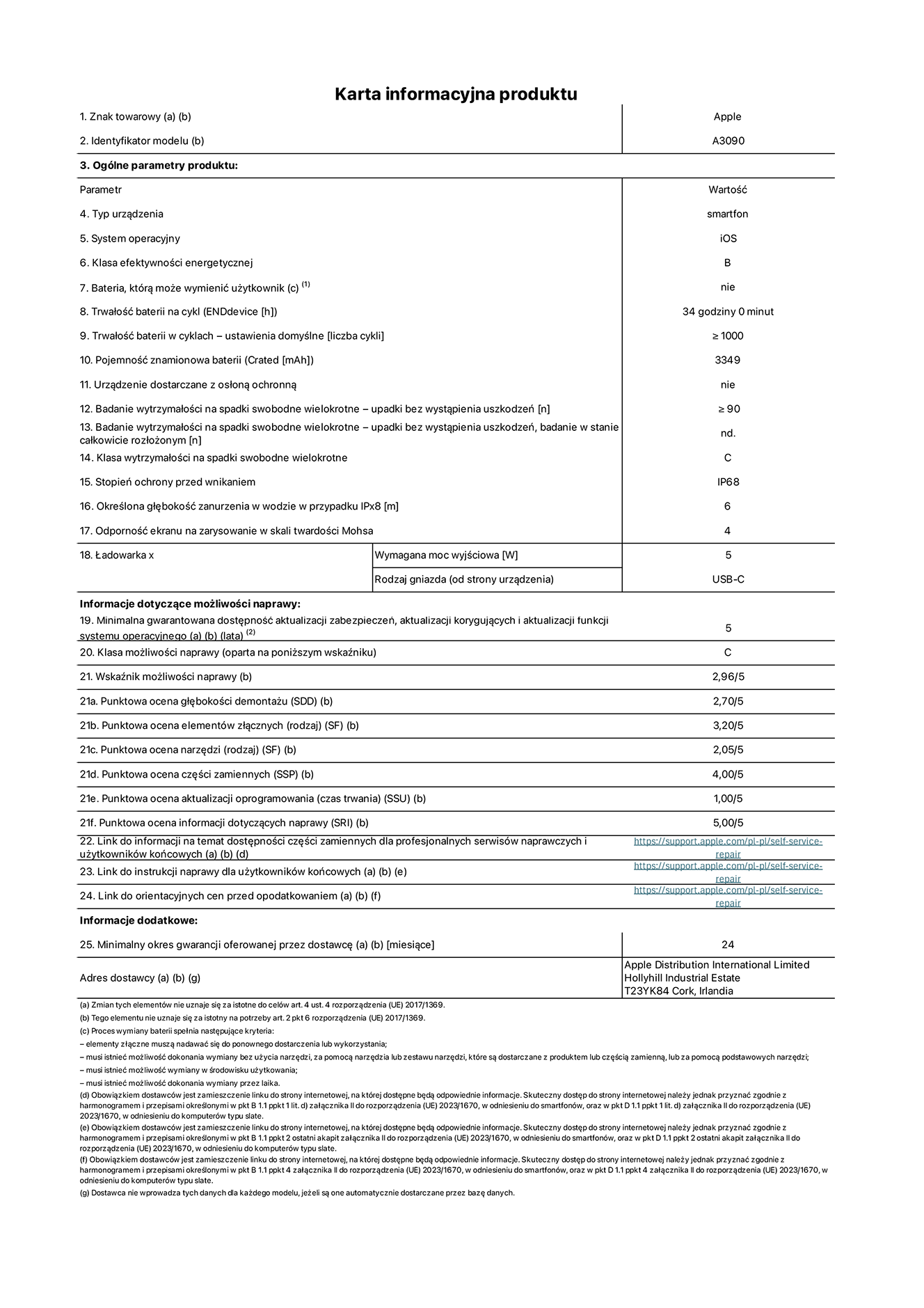 Karta informacyjna produktu dla iPhone'a 15, model A3090. Dostawca: Apple Distribution International Limited, Hollyhill Industrial Estate. Cork, Irlandia T23 YK84. Rodzaj urz?dzenia: smartfon. System operacyjny: iOS. Klasa efektywno?ci energetycznej: B. Mo?liwo?? wymiany baterii przez u?ytkownika: nie. Trwa?o?? baterii na cykl: 34 godziny. Trwa?o?? baterii w cyklach (liczba cykli ?adowania przy domy?lnych ustawieniach): ≥ 1000. Znamionowa pojemno?? baterii: 3349 mAh. Dostarczany z nak?adk? ochronn?: nie. Wytrzyma?o?? na spadki swobodne wielokrotne (liczba upadków bez awarii): ≥ 90. Wytrzyma?o?? na spadki swobodne wielokrotne (liczba upadków bez awarii przy ca?kowitym roz?o?eniu urz?dzenia): nie dotyczy. Klasa wytrzyma?o?ci na wielokrotne upadki: C. Stopień ochrony przed wnikaniem: IP68. Okre?lona g??boko?? zanurzenia w wodzie w przypadku IPx8: 6 metrów. Odporno?? ekranu na zarysowania (skala twardo?ci Mohsa): 4. Minimalna moc wyj?ciowa ?adowarki: 5 W. Typ z??cza ?adowarki (przy urz?dzeniu): USB-C. Minimalny gwarantowany okres dost?pno?ci aktualizacji zabezpieczeń systemu operacyjnego, poprawek i nowych funkcji: 5 lat. Klasa mo?liwo?ci naprawy: C. Wska?nik mo?liwo?ci naprawy: 2,96/5. Ocena g??boko?ci demonta?u (SDD): 2,70/5. Ocena elementów z??cznych: 3,20/5. Ocena narz?dzi: 2,05/5. Ocena cz??ci zamiennych: 4,00/5. Ocena aktualizacji oprogramowania: 1,00/5. Ocena informacji dotycz?cych naprawy: 5,00/5. Link do informacji o dost?pno?ci cz??ci zamiennych dla serwisantów i u?ytkowników końcowych: https://support.apple.com/self-service-repair. Link do instrukcji napraw dla u?ytkowników końcowych: https://support.apple.com/self-service-repair. Link do orientacyjnych cen bez podatku: https://support.apple.com/self-service-repair. Obowi?zuje 24-miesi?czna gwarancja ogólna.