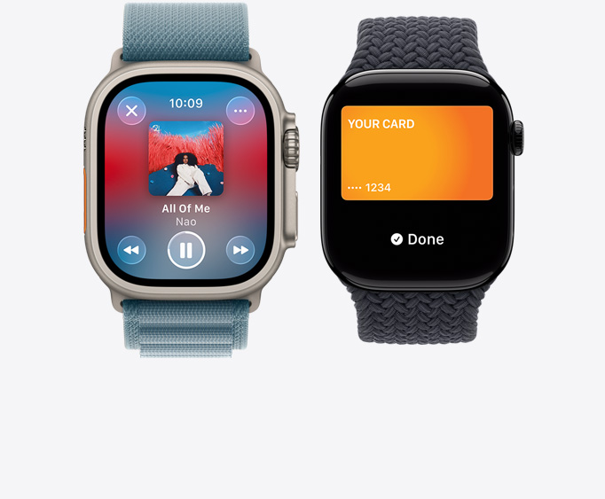 Apple Watch Ultra 3 z kopert? z tytanu w kolorze naturalnym, widoczny ekran Odtwarzane w aplikacji Apple Music, Apple Watch Series 11 z kopert? z aluminium w kolorze polerowanego onyksu, ekran Apple Pay, karta Apple Card