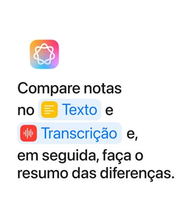 Compare notas no Texto e Transcri??o e, em seguida, fa?a o resumo das diferen?as, com as palavras "Texto" e “Transcri??o" destacadas a azul, tal como deveriam aparecer na app Atalhos