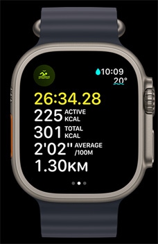 O sesiune de ?not de fond redat? pe dispozitivul Apple?Watch?Ultra?2, cu afi?area timpului, caloriilor ?i a tempoului.