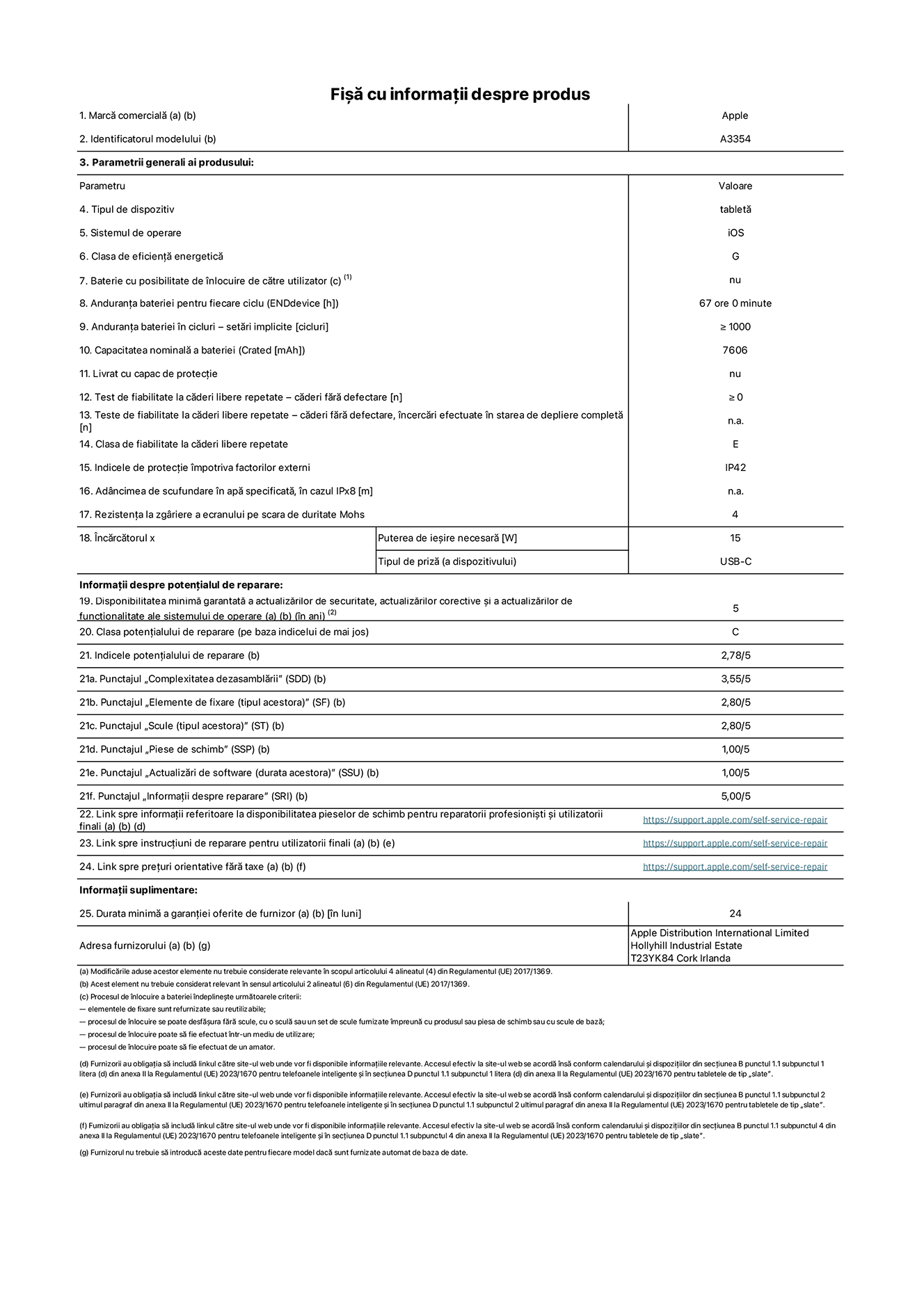 Fi?a cu informa?ii despre produs pentru iPad Wi-Fi, modelul A3354. Furnizat? de Apple Distribution International Ltd, Hollyhill Industrial Estate. Cork, Irlanda T23 YK84. Tipul de dispozitiv: tablet?. Sistemul de operare: iOS. Clasa de eficien?? energetic?: G. Baterie cu posibilitate de ?nlocuire de c?tre utilizator: nu. Anduran?a bateriei: 67 de ore. Anduran?a bateriei ?n cicluri: ≥ 1000. Capacitatea nominal? a bateriei: 7606 mAh. Test de fiabilitate la c?deri libere repetate – c?deri f?r? defectare: ≥ 0. Clasa de fiabilitate la c?deri libere repetate: E. Indicele de protec?ie ?mpotriva factorilor externi: IP42. Rezisten?a la zgariere a ecranului pe scara de duritate Mohs: 4. Puterea de ie?ire necesar? pentru ?nc?rc?tor: 15 W. Tipul de priz? pentru ?nc?rc?tor: USB-C. Disponibilitatea minim? garantat? a actualiz?rilor de securitate, a actualiz?rilor corective ?i a actualiz?rilor de func?ionalitate ale sistemului de operare: 5 ani. Clasa poten?ialului de reparare: C. Indicele poten?ialului de reparare: 2,78/5. Punctajul ?Complexitatea dezasambl?rii”: 3,55/5. Punctajul ?Elemente de fixare”: 2,80/5. Punctajul ?Scule”: 2,80/5. Punctajul ?Piese de schimb”: 1,00/5. Punctajul ?Actualiz?ri de software”: 1,00/5. Punctajul ?Informa?ii despre reparare”: 5,00/5. Link spre informa?ii referitoare la disponibilitatea pieselor de schimb pentru reparatorii profesioni?ti ?i utilizatorii finali: https://support.apple.com/self-service-repair. Link spre instruc?iuni de reparare pentru utilizatorii finali: https://support.apple.com/self-service-repair. Link spre pre?uri orientative f?r? taxe: https://support.apple.com/self-service-repair. Garan?ie general? oferit?: 24 de luni.