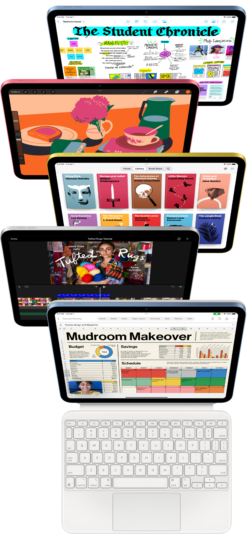Ecranele iPad frontale afi?eaz? o varietate de aplica?ii, printre care Freeform, ProCreate, Apple Books, iMovie ?i Excel cu Webex Meetings.