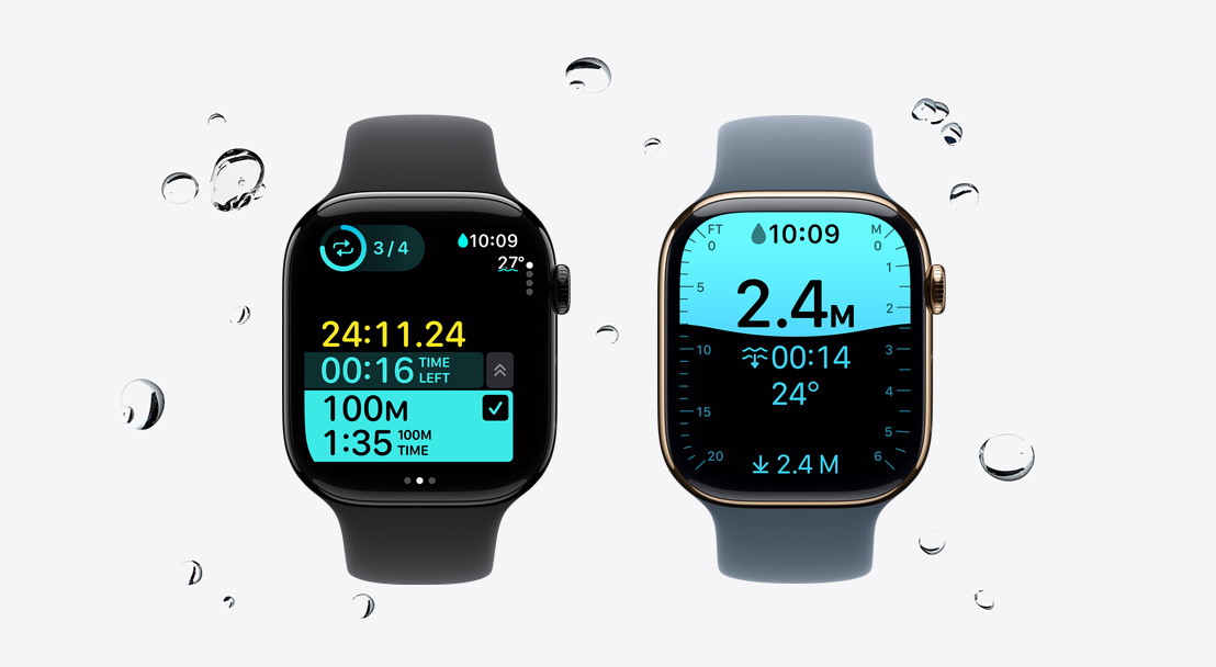 Dispozitive Apple Watch Series 11, cu carcase din aluminiu ?i titan, culori Negru diamant lucios ?i Auriu, aplica?ia Exerci?ii urm?rind o sesiune de ?not, pic?turi de ap? care se scurg de pe ceas, br???ri Sport, culori Negru ?i Albastru ancor?