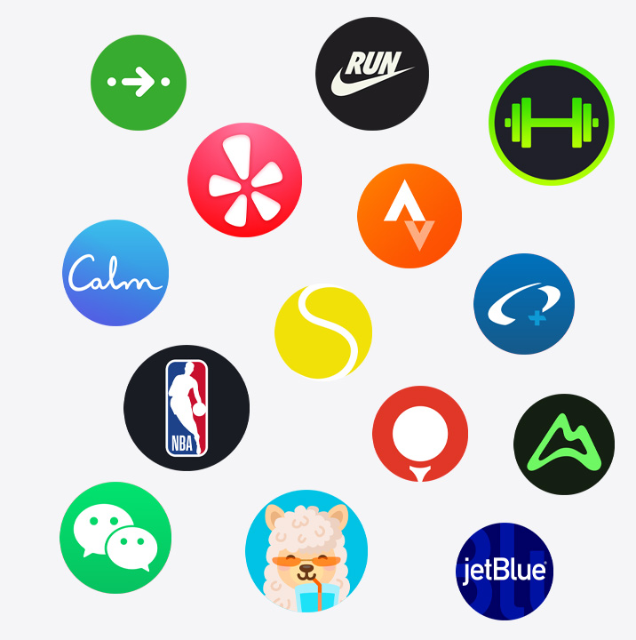 Pictograme aplica?ii Apple Watch: ChargePoint, Yelp, Nike Run Club, SmartGym, Calm, NBA, SwingVision, Oceanic+, WeChat, Waterllama, Golfshot, JetBlue, AllTrails