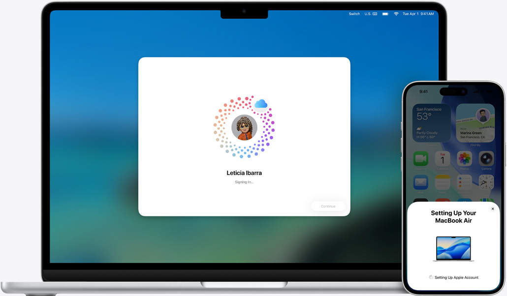 13-inch MacBook Air and iPhone 16 Plus, macOS installing on MacBook, iPhone displays prompts to setup