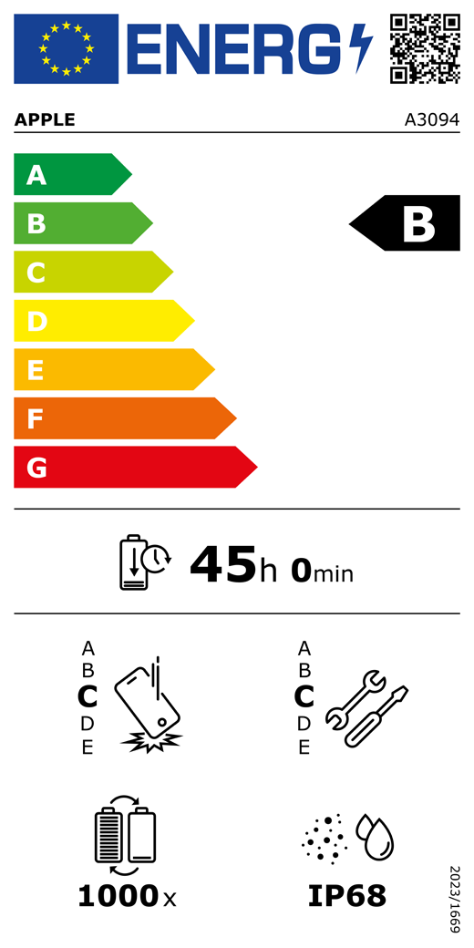 EU Energy Label QR code and information, Apple model A3094, class B, energy efficiency classes (with a scale from A to G), A (most efficient) to G (least efficient), battery endurance per cycle, 45 hours and 0 minutes per full battery charge, repeated free fall reliability class C, A (most robust) to E (least robust), repairability class C, A (most repairable) to E (least repairable), 1000 battery endurance in cycles, dust and water ingress protection (IP) rating IP68, regulation 2023/1669