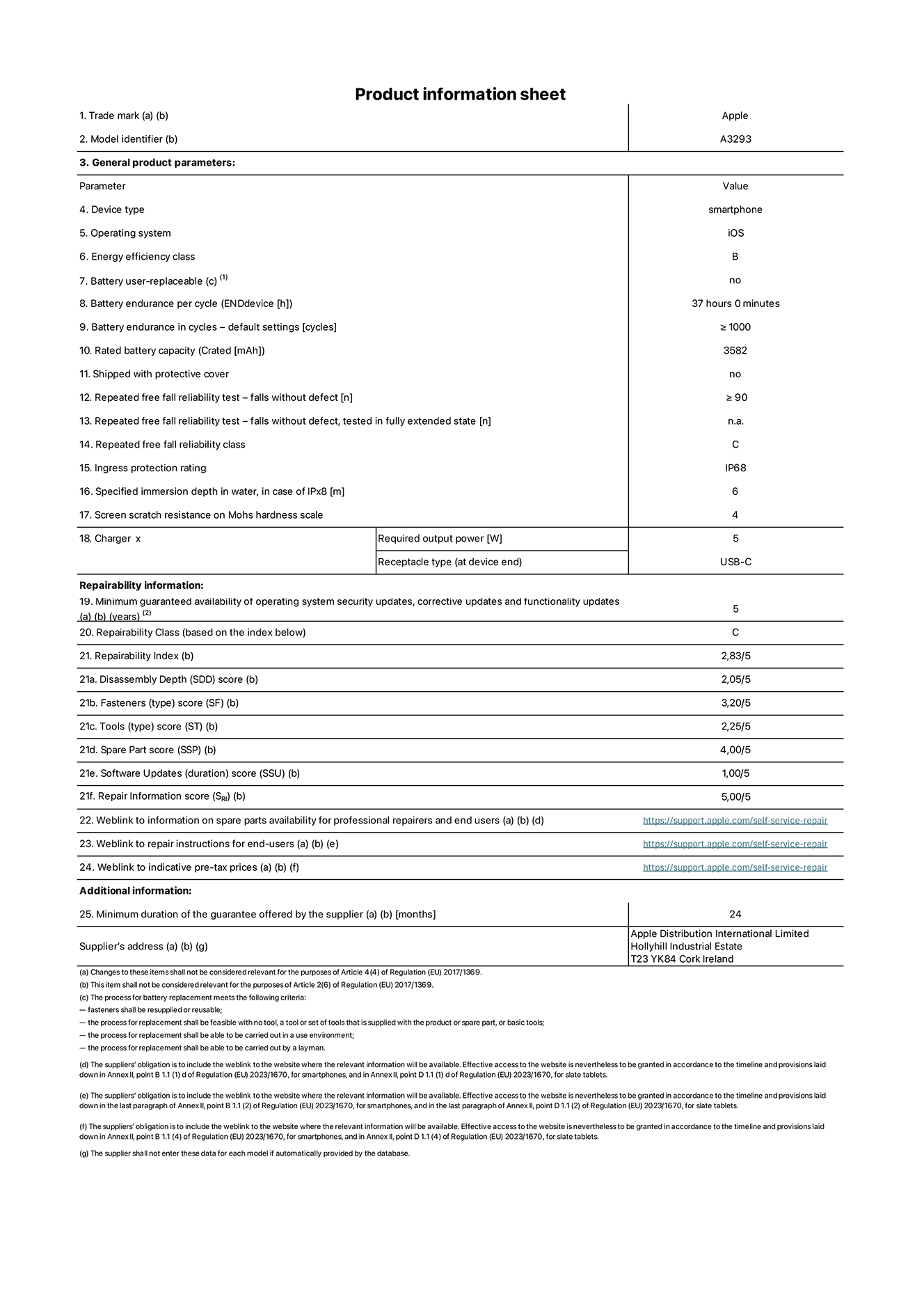 Product information sheet for iPhone 16 Pro, model A3293. Supplied by Apple Distribution International Limited, Hollyhill Industrial Estate. Cork, Ireland T23 YK84. Device type: smartphone. Operating system: iOS. Energy efficiency class: B. Battery user-replaceable: no. Battery endurance per cycle: 37 hours. Battery endurance in cycles - default settings: ≥ 1000. Rated battery capacity: 3582mAh. Shipped with protective cover: no. Repeated free fall reliability test - falls without defect: ≥ 90. Repeated free fall reliability test - falls without defect tested in fully extended state: not applicable. Repeated free fall in reliability class: C. Ingress protection rating: IP68. Specified immersion depth of mater, in case of iPx8: 6. Screen scratch resistance on Mohs hardness scale: 4. Charger required output power: 5W. Charger receptacle type (at device end): USB-C. Minimum guaranteed availability of operating system security updates, corrective updates and functionality updates: 5 years. Repairability class: C. Repairability index: 2,83/5. Disassembly Depth (SDD) score: 2,05/5. Fasteners score: 3,20/5. Tools score: 2,25/5. Spare part score: 4,00/5. Software updates score: 1,00/5. Repair information score: 5,00/5. Weblink to information on spare parts availability for professional repairers and end users: https://support.apple.com/self-service-repair. Weblink to repair instructions for end-users: https://support.apple.com/self-service-repair. Weblink to indicative pre-tax prices: https://support.apple.com/self-service-repair. 24-month general guarantee offered.