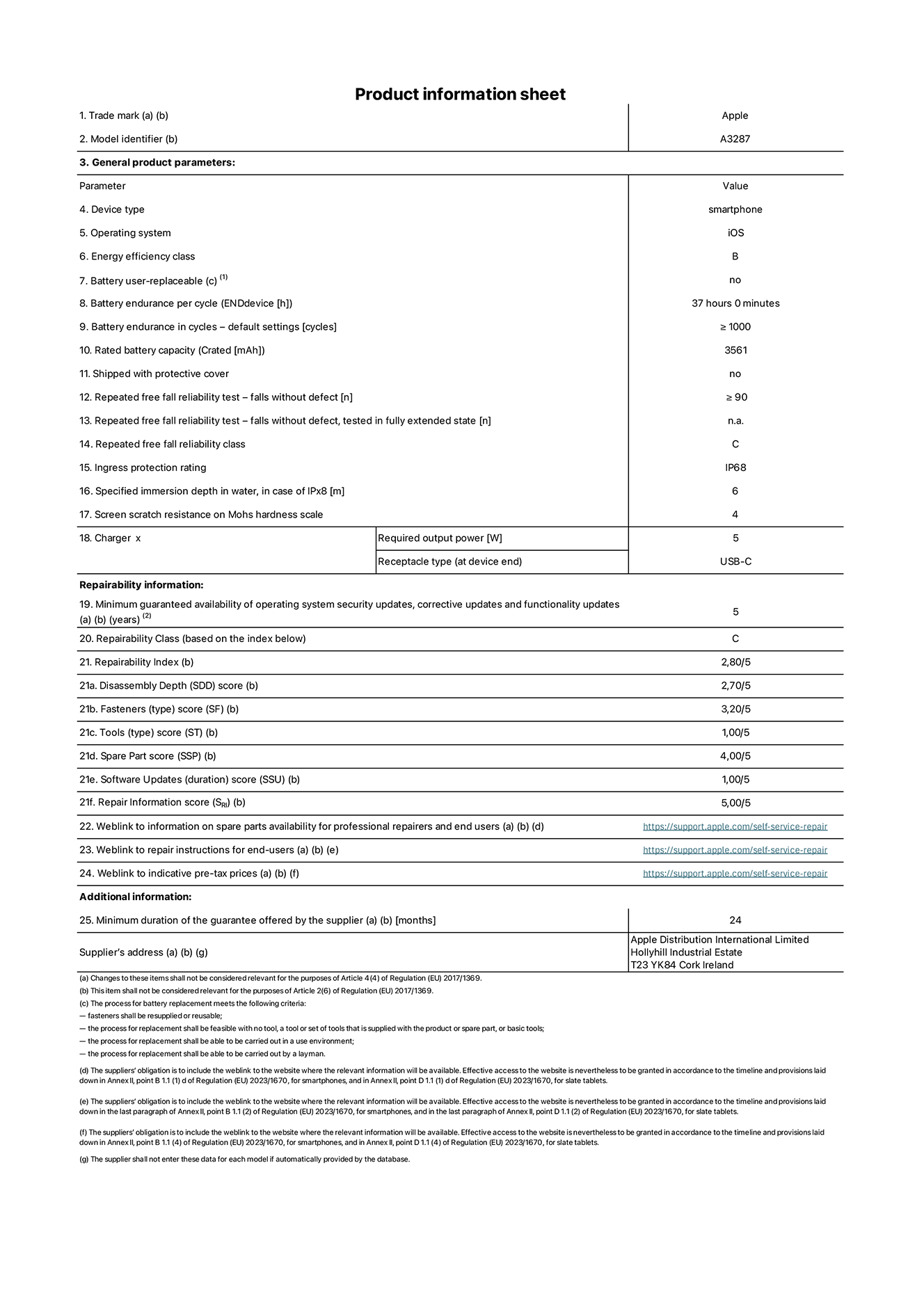 Product information sheet for iPhone 16, model A3287. Supplied by Apple Distribution International Limited, Hollyhill Industrial Estate. Cork, Ireland T23 YK84. Device type: smartphone. Operating system: iOS. Energy efficiency class: B. Battery user-replaceable: no. Battery endurance per cycle: 37 hours. Battery endurance in cycles - default settings: ≥ 1000. Rated battery capacity: 3561mAh. Shipped with protective cover: no. Repeated free fall reliability test - falls without defect: ≥ 90. Repeated free fall reliability test - falls without defect tested in fully extended state: not applicable. Repeated free fall in reliability class: C. Ingress protection rating: IP68. Specified immersion depth of mater, in case of iPx8: 6. Screen scratch resistance on Mohs hardness scale: 4. Charger required output power: 5W. Charger receptacle type (at device end): USB-C. Minimum guaranteed availability of operating system security updates, corrective updates and functionality updates: 5 years. Repairability class: C. Repairability index: 2,80/5. Disassembly Depth (SDD) score: 2,70/5. Fasteners score: 3,20/5. Tools score: 1,00/5. Spare part score: 4,00/5. Software updates score: 1,00/5. Repair information score: 5,00/5. Weblink to information on spare parts availability for professional repairers and end users: https://support.apple.com/self-service-repair. Weblink to repair instructions for end-users: https://support.apple.com/self-service-repair. Weblink to indicative pre-tax prices: https://support.apple.com/self-service-repair. 24-month general guarantee offered.