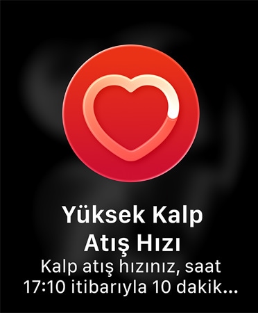Yüksek Kalp At?? H?z? Bildirimleri’nin Kullan?c? Arayüzünde, “Kalp at?? h?z?n?z, saat 09:59 itibar?yla 10 dakika boyunca hareketsiz g?ründü?ünüz s?rada 120 v/dk. üzerine ??kt?.” yaz?yor.