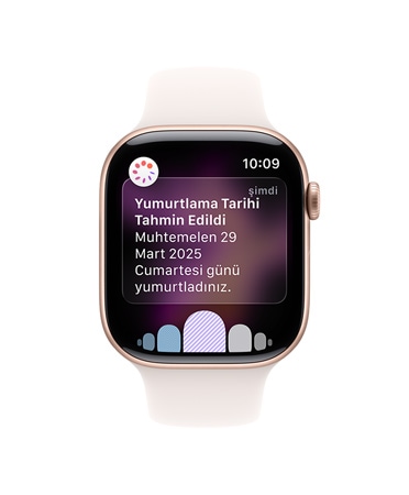 Beyaz Spor Kordonlu Apple Watch Series 10’un ?nden g?rünümü, Kullan?c? Arayüzünde Yumurtlama, D?ngü Ge?mi?i yaz?yor