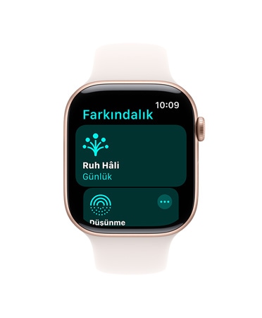 Beyaz Spor Kordonlu Apple Watch Series 10’un ?nden g?rünümü, Kullan?c? Arayüzünde Fark?ndal?k, Ruh Hali, Günlük yaz?yor
