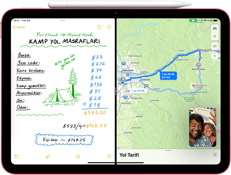 iPad’de Harita uygulamas? ve Matematik Notlar? ve resim i?inde resim g?rünümündeki FaceTime.