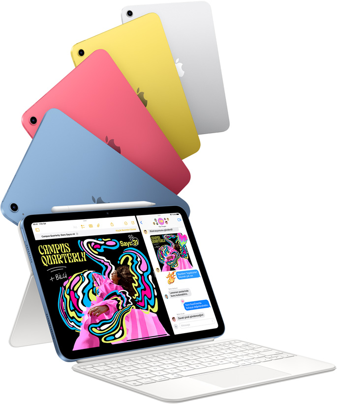 Mavi, pembe, sar? ve gümü? rengi iPad’ler ve Magic Keyboard Folio’ya tak?l? bir iPad.