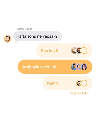Mesajlar’da grup sohbetindeki ki?ilerle hafta sonu nereye gidilece?ine karar vermek i?in oylama yap?ld???n? g?steren Oylama ?zelli?i
