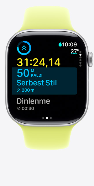 Apple Watch Series 11, alüminyum kasa, gümü? renk, Havuzda Yüzme verilerini takip eden ?zel bir Antrenman ekran?, ekranda g?rülen ?l?ümler, Spor Kordon, neon sar? renk