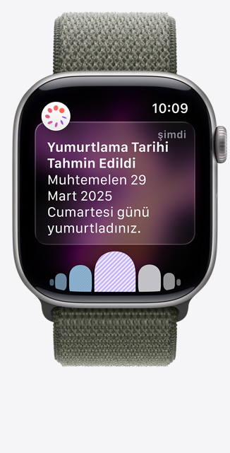 Apple Watch Series 11, Uzay Grisi alüminyum kasa rengi, Sa?l?k uygulamas?ndaki D?ngü ?zleme’den yumurtlama zaman? tahminiyle ilgili bildirim, Digital Crown, kordon, orman rengi Spor Loop
