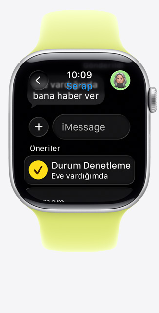 Apple Watch Series 11, alüminyum kasa, gümü? renk, iMessage’da Durum Denetleme ?nerisi, Spor Kordon, neon sar? renk