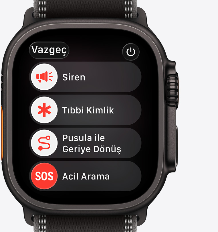 Apple Watch Ultra 3, titanyum kasa, siyah renk, ekranda g?sterilen acil yard?m se?enekleri: t?bbi kimlik, pusula ile geriye d?nü?, acil arama