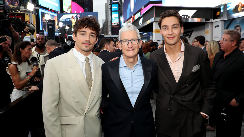FORMULA 1 driver Charles Leclerc, Tim Cook and FORMULA 1 driver George Russell attend the red carpet arrivals for the world premiere of Apple Original Films’ “F1 The Movie” in Times Square. “F1 The Movie” will be released in theaters and in IMAX in partnership with Warner Bros. Pictures on 27 June, 2025.