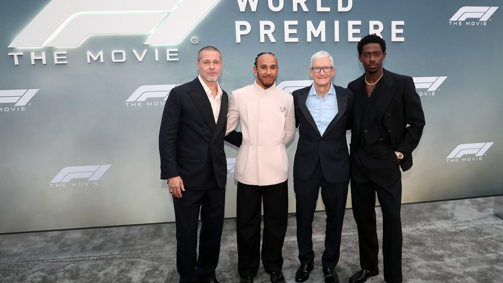 Brad Pitt, Lewis Hamilton, Tim Cook and Damson Idris attend the red carpet arrivals for the world premiere of Apple Original Films’ “F1 The Movie” in Times Square. “F1 The Movie” will be released in theaters and in IMAX in partnership with Warner Bros. Pictures on 27 June, 2025.