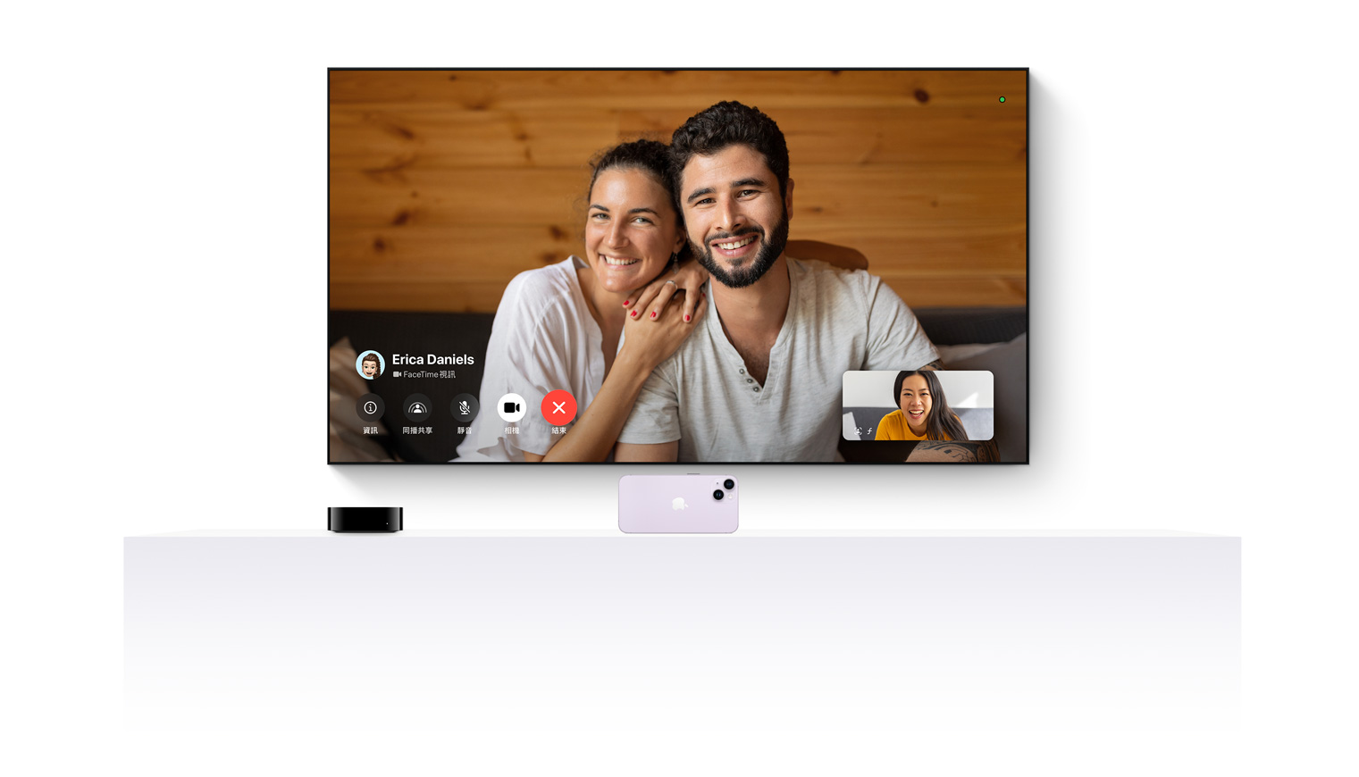 Apple TV 4K 和 iPhone 配合運(yùn)作，讓 FaceTime 在平面電視上呈現(xiàn)。