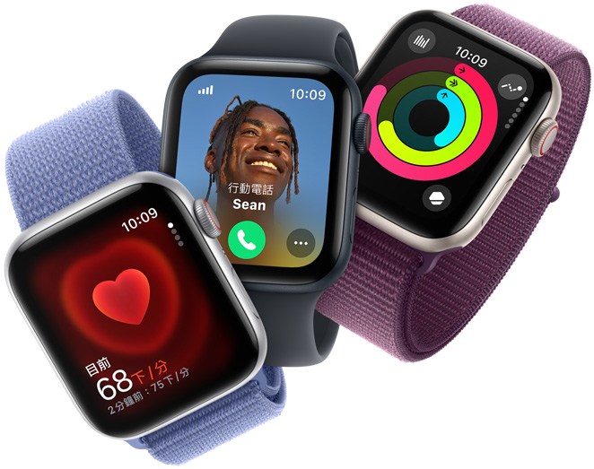 三隻 Apple Watch SE 螢?zāi)环謩e顯示心率監(jiān)測功能、來電顯示與活動(dòng)記錄圓圈