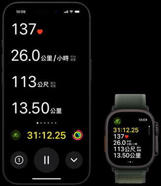使用者的自行車測(cè)量指標(biāo)同時(shí)出現(xiàn)在 Apple Ultra 2 與 iPhone 上的即時(shí)動(dòng)態(tài)中。