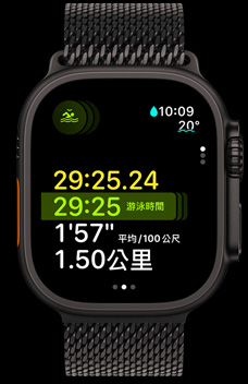 Apple Watch Ultra 2 顯示多運(yùn)動(dòng)訓(xùn)練功能中的游泳持續(xù)時(shí)間、配速與距離。