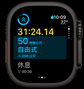 下一個(gè)顯示畫面指示自由式游泳還剩幾公尺。