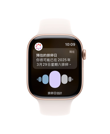 Apple Watch Series 10 搭配白色運(yùn)動(dòng)型錶帶的正面圖，介面展示排卵日及週期記錄