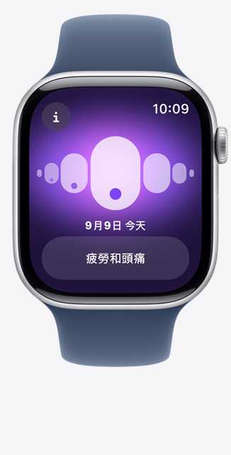 Apple Watch Series 10 的正面圖，螢?zāi)徽故窘?jīng)期追蹤 app，顯示疲勞和頭痛。